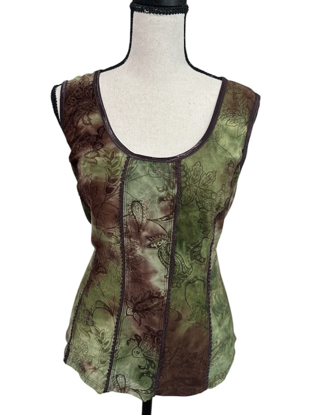 Dressbarn Women's Green Brown Velvet Floral Sleeveless Top Stretch Sz Large